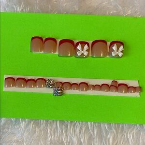 Red and Nude Press-On Toe Nails with Floral Design